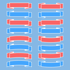 Wall Mural - Set of red and blue isolated banner ribbons with a white stroke on a light blue background. Simple flat vector illustration. With space for text. Suitable for infographics, design,