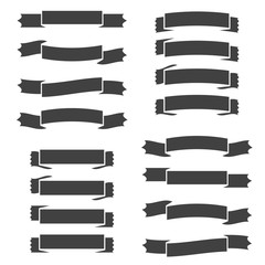 Wall Mural - Set of silhouettes of black curved isolated ribbons banners on white background. Simple flat vector illustration. With space for text. Suitable for infographics, design, advertising, holidays, labels.