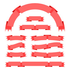 Wall Mural - Set of flat isolated red ribbons and banners on a white background. Simple flat vector illustration. With place for text. Suitable for infographics, design, advertising, festivals, labels.