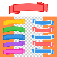 Wall Mural - Set of colored curved isolated ribbons banners on white, orange and transparent background. Simple flat vector illustration. With space for text. Suitable for infographics