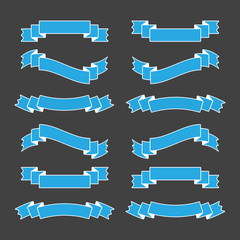 Wall Mural - Set of blue isolated banner ribbons with white stroke on a black background. Simple flat vector illustration. With space for text. Suitable for infographics, design, advertising, holidays, labels.