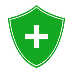 Sticker - Green shield and white cross. Antibacterial symbol. Vector icon.