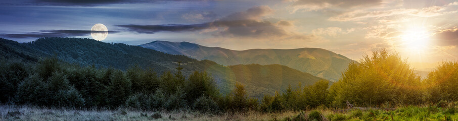 time change concept over the carpathian mountains. panorama with sun and moon in the sky. beautiful 