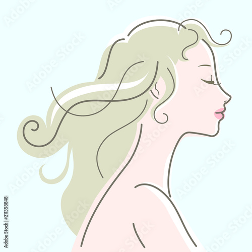 長い髪を風になびかせる美しい女性の 目を閉じた横顔 Stock Vector Adobe Stock