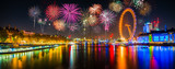 Fototapeta Londyn - Panorama of Thames river in London with fireworks. Celebration of the New Year in London, UK 