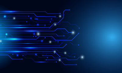 Poster - Circuit Board Technology CPU Microprocessor Interface Connection Vector Background. Blue Abstract Scifi PCB Trace Data Transfer Design Illustration.
