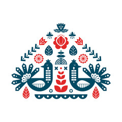 Wall Mural - Decorative print with peacock and floral elements. Nordic ornaments, folk art pattern. Vector template for your design.