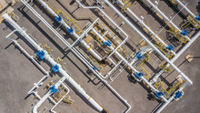 Aerial Top View Natural Gas Pipeline, Business Gas Industry, Construction Gas Transport System, Stop Valves Bolt And Appliances For Gas Pumping Station Capacity Chemical.