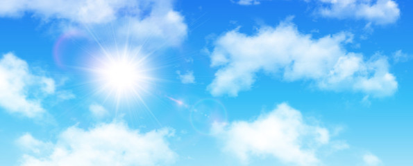 Wall Mural - sunny background, blue sky with white clouds and sun