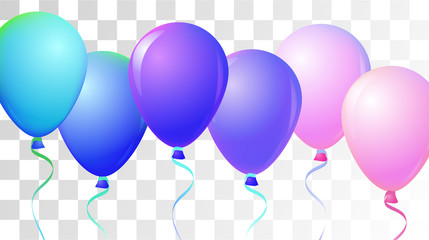 Wall Mural - Bright Realistic Helium Vector Balloons Flying. Happy Birthday, New Year Party Ornament. Neon Modern Holidays Decoration, Air Helium Balloons. Celebration, Music Poster Discount Card Cool Design.