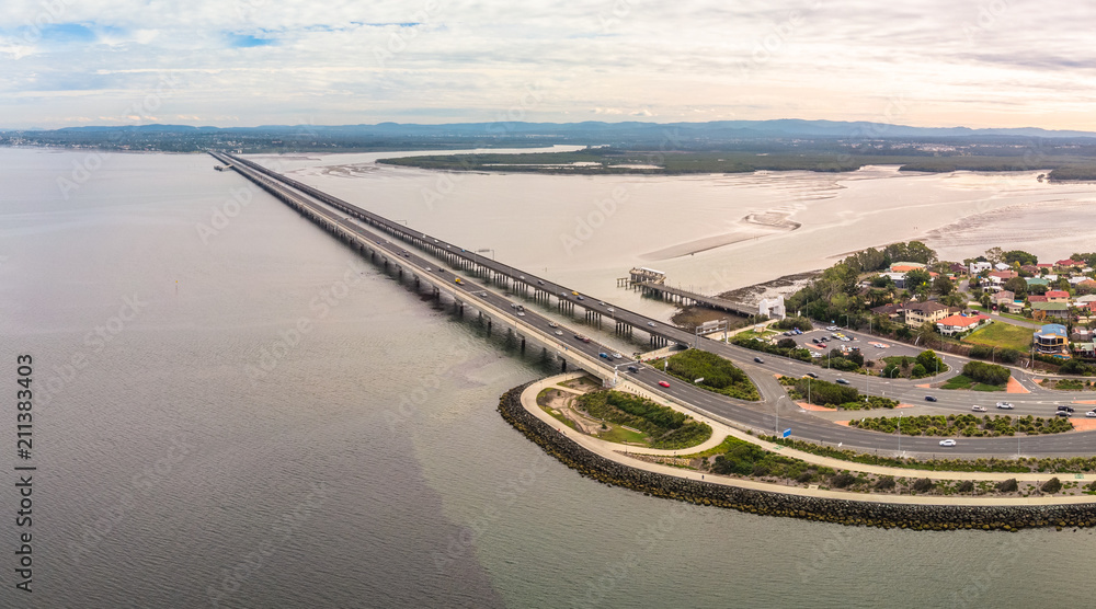 Aerial view of Ted Smout Memorial and Houghton Bridges, which cross the Bramble Bay connecting the Redcliffe