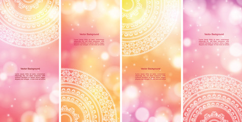 Set of Indian country ornament illustration concept. Ethnic & Colorful Henna Mandala design, on festive and glitter bokeh background.