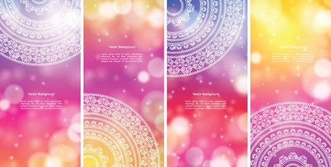 Set of Indian country ornament illustration concept. Ethnic & Colorful Henna Mandala design, on festive and glitter bokeh background.