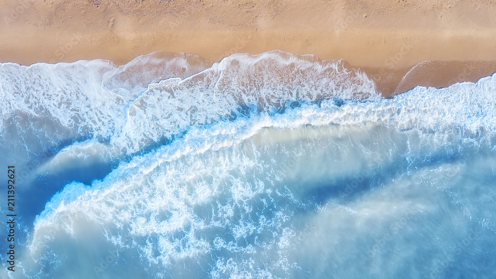 Aerial view on the waves. Beautiful natural seascape from air - obrazy, fototapety, plakaty 