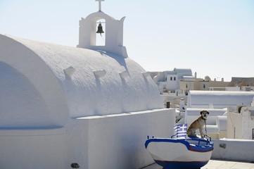 Famous stunning view of white architectures and church above the volcanic caldera in the village of Oia in Santorini island, Greece