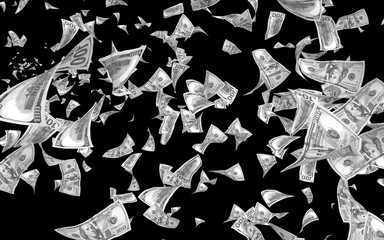 Flying dollars banknotes isolated on dark background. Money is flying in the air. 100 US banknotes new sample. Black and white style. 3D illustration