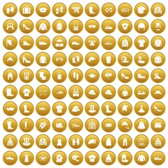 Wall Mural - 100 clothing and accessories icons set in gold circle isolated on white vector illustration