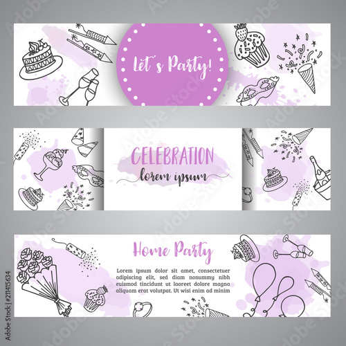 Birthday Party Doodle Banner Vector Template Banners For Cards