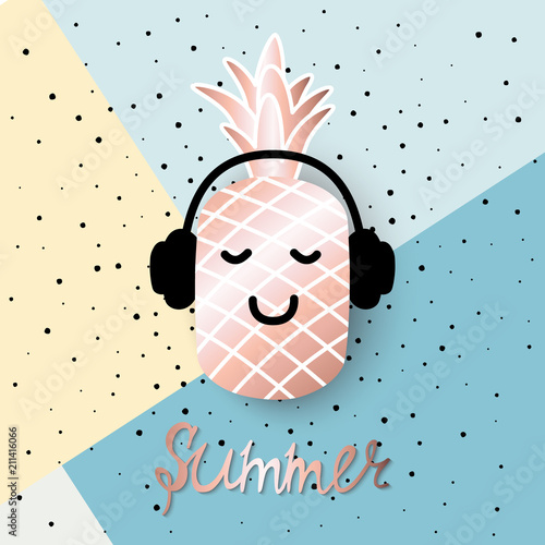Vector Summer Card With Rose Gold Pineapple In Headphones Trendy