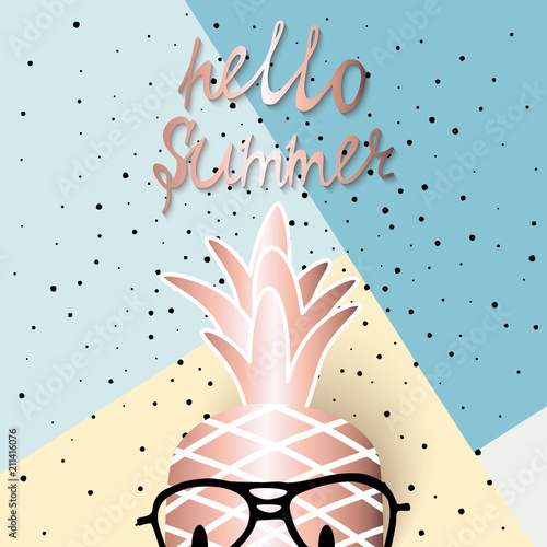 Vector Summer Card With Hiding Rose Gold Pineapple In Glasses