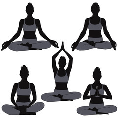 Wall Mural - Set of silhouettes of woman in yoga poses for meditation.