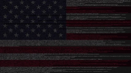 Source code and flag of the United States. American digital technology or programming related loopable animation