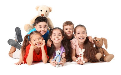 Poster - Playful little children on white background. Indoor entertainment