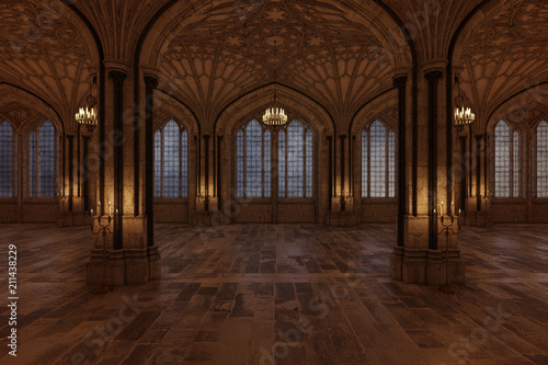 Cuadros en Lienzo Palace ballroom with candles lighting the room and large arch windows, 3d render