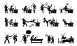 Gaming disorder and gaming addiction. Stick figure icons depict game addict playing computer and smartphone games. They are having a lot of social problem with people around them. 