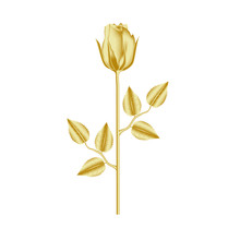 Beautiful Golden Rose Flower With Petals, Stem And Leaves. Realistic 3d Design. Vector Illustration, Isolated On White Background.
