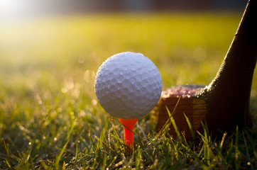 Wall Mural - Golf clubs and golf balls are wet with warm light rain at sunset