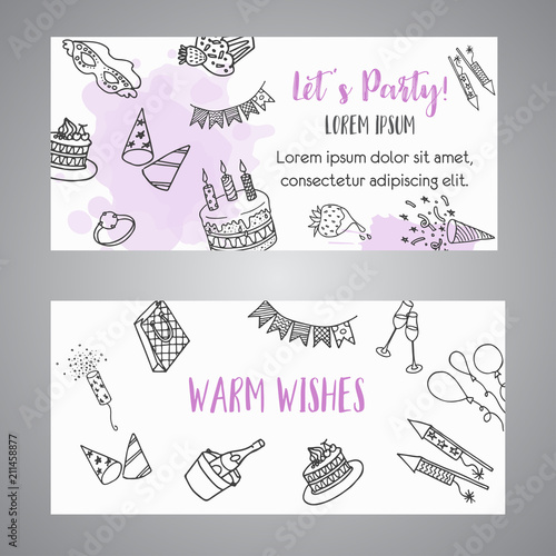 Birthday Party Doodle Banner Vector Template Banners For Cards