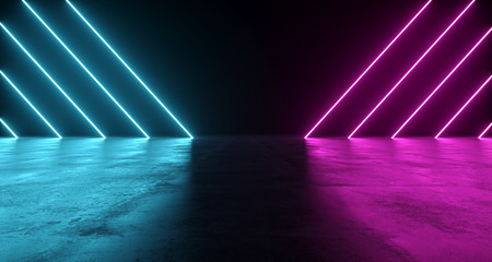 Futuristic Sci-Fi Abstract Blue And Purple Neon Light Shapes On Black Background And Reflective Concrete With Empty Space For Text 3D Rendering