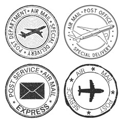 Wall Mural - Postmarks with airplane and envelope symbols. Black ink postal stamps