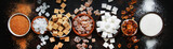 Fototapeta  - Set of different white and brown sugar in assortment, dark background, banner, top view