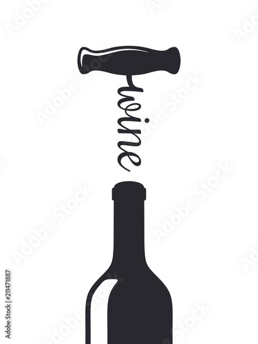 Fotomural wine bottle with wine corkscrew shape silhouette on white background