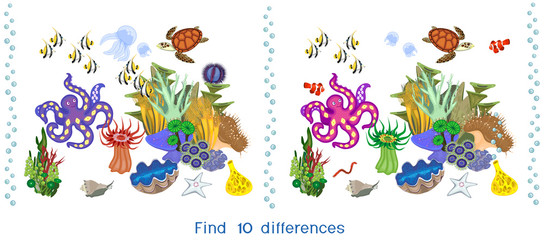 Wall Mural - Find ten differences. Game for children with ecosystem of coral reef with different marine inhabitants