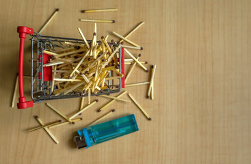 matches and cigarette lighter on the table in the metal basket, cart