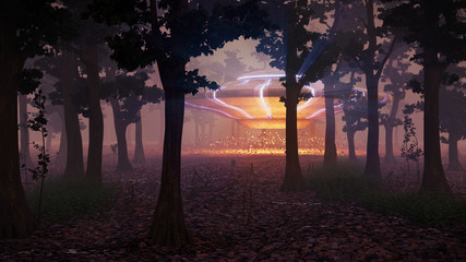 Wall Mural - ufo landing in the forest at night, science fiction scene with alien spaceship (3d space illustratio