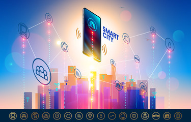 Poster - Smart city wireless communication network with smart phone. City infrastructure icons set. Isometric Smartphone over urban landscape connected with icons town iot.