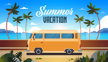 Summer Vacation Surf Bus Sunrise Tropical Beach Retro Surfing Vintage Greeting Card Horizontal With Lettering Template Poster Flat Vector Illustration