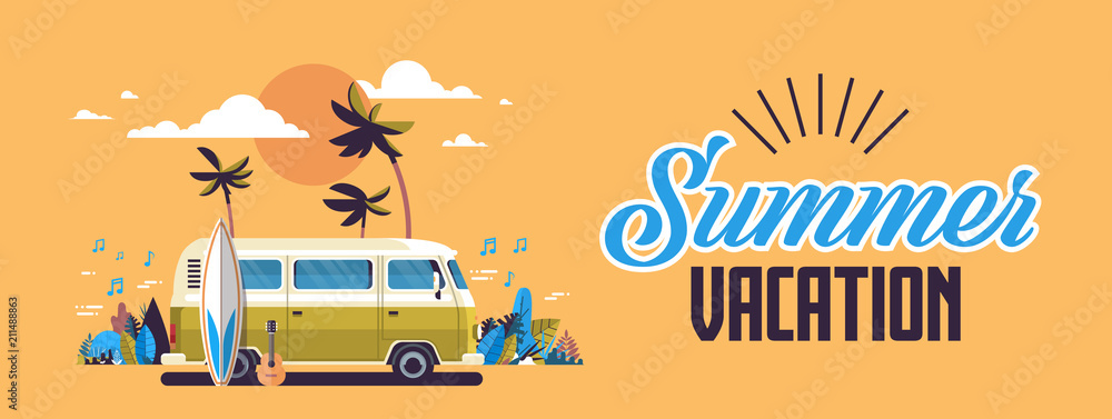 Summer vacation surf bus sunset tropical beach retro surfing vintage greeting card horizontal banner with lettering template poster flat vector illustration - obrazy, fototapety, plakaty 