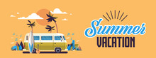 Summer Vacation Surf Bus Sunset Tropical Beach Retro Surfing Vintage Greeting Card Horizontal Banner With Lettering Template Poster Flat Vector Illustration