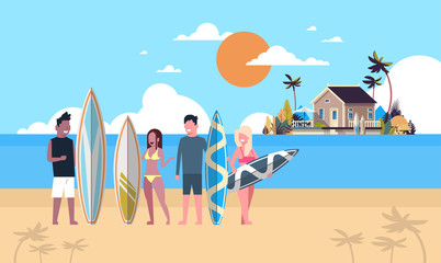 Wall Mural - surfer team summer vacation people group surf board on sunset beach villa house tropical island flat vector illustration