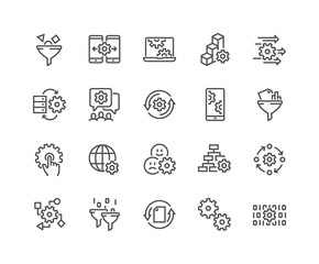 Wall Mural - simple set of data processing related vector line icons. contains such icons as filter, gear, scheme