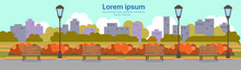 Autumn Urban Yellow Park Outdoors Street Lamp Cityscape Concept Horizontal Copy Space Banner Flat Vector Illustration