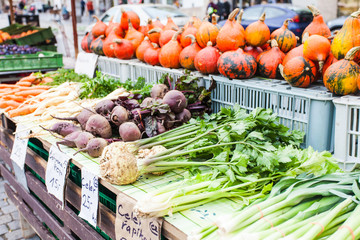 Poster - Counters with fresh vegetables on the street market in Prague.