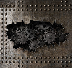 Wall Mural - old metal armour background with rusty gears and cogs 3d illustration