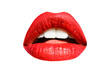 Lips, red lipstick, mouth isolated on white background with white teeth. Sexy kiss, girl smile, female mouth close up, sensual seductive tongue in the mouth of a young woman cosmetics. Cosmetology