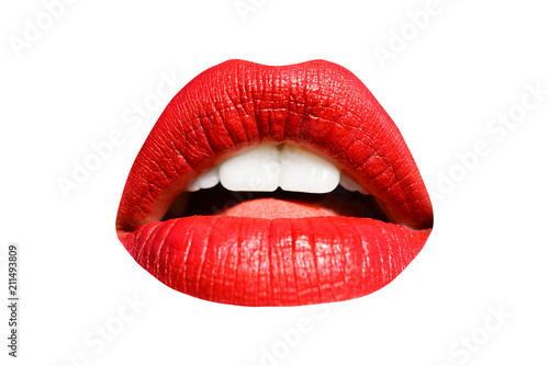 Fotomural Lips, red lipstick, mouth isolated on white background with white teeth